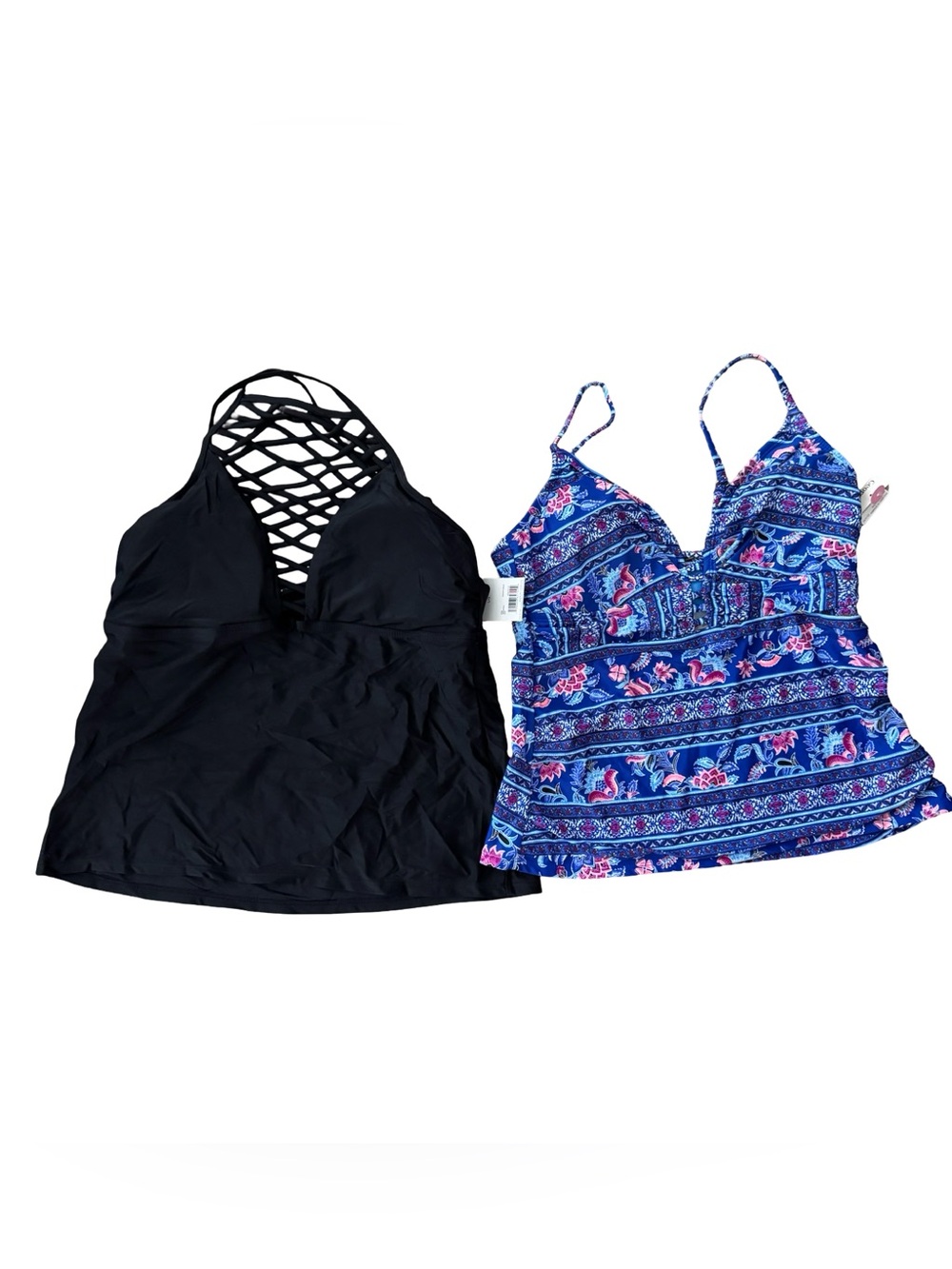 George Tankini Top Lot x2 L Black Lattice & Blue Floral Built-In Bra NWT